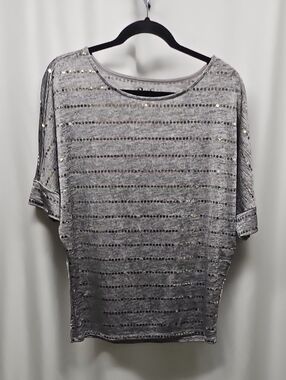 Dolman Sleeve Sequin Stripe Top - Silver